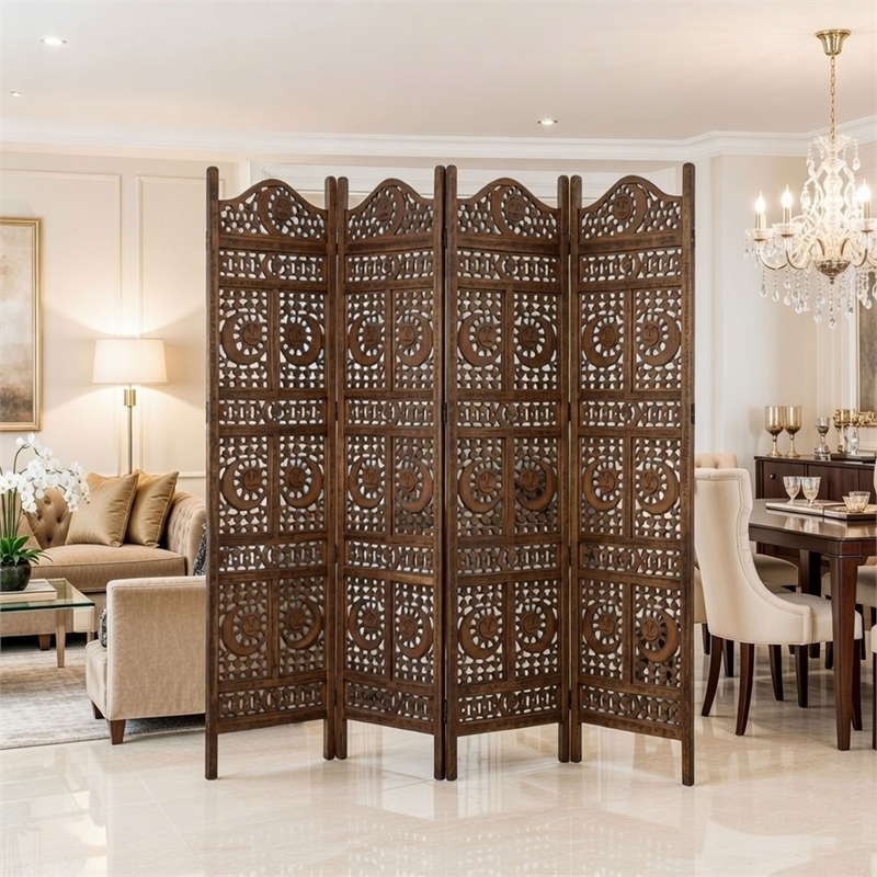 71 Inch 4 Panel Mango Wood Room Divider-Hand Carved-Sun & Moon Design- Brown