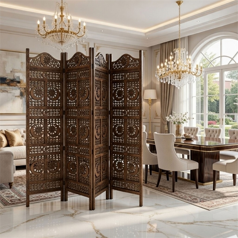 71 Inch 4 Panel Mango Wood Room Divider-Hand Carved-Sun & Moon Design- Brown