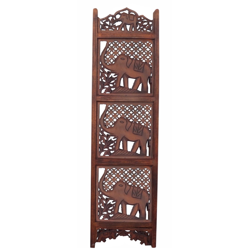 Zofi Hand Carved Elephant Design Foldable 4 Panel Wooden Room Divider-Brown