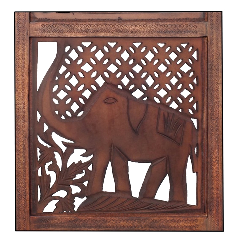 Zofi Hand Carved Elephant Design Foldable 4 Panel Wooden Room Divider-Brown