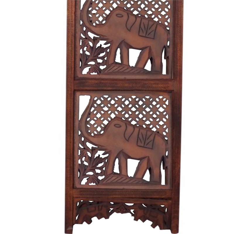 Zofi Hand Carved Elephant Design Foldable 4 Panel Wooden Room Divider-Brown