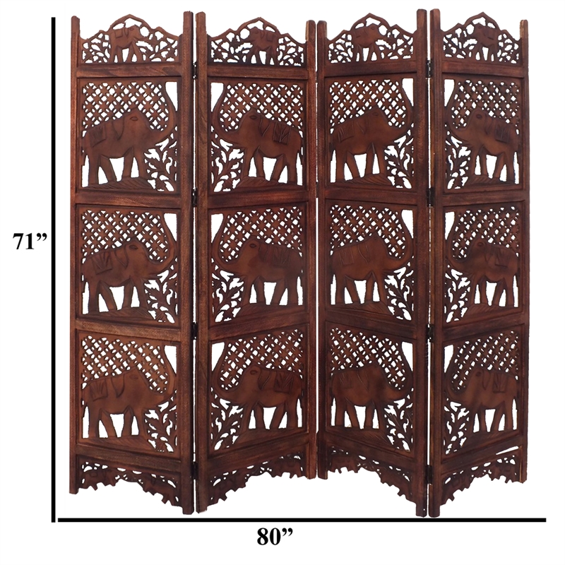 Zofi Hand Carved Elephant Design Foldable 4 Panel Wooden Room Divider-Brown