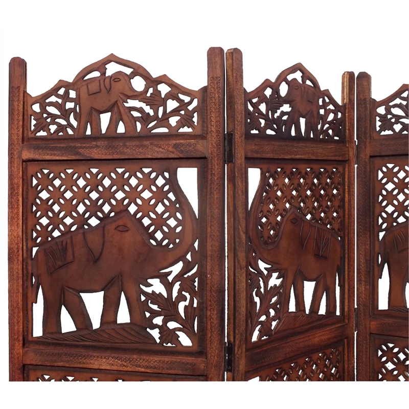 Zofi Hand Carved Elephant Design Foldable 4 Panel Wooden Room Divider-Brown