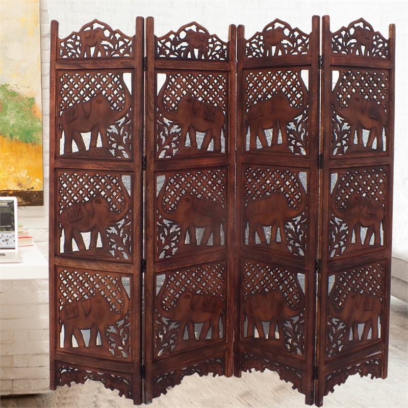 Zofi Hand Carved Elephant Design Foldable 4 Panel Wooden Room Divider-Brown