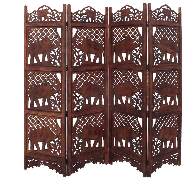 Zofi Hand Carved Elephant Design Foldable 4 Panel Wooden Room Divider-Brown