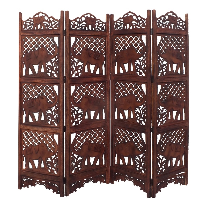 Zofi Hand Carved Elephant Design Foldable 4 Panel Wooden Room Divider-Brown