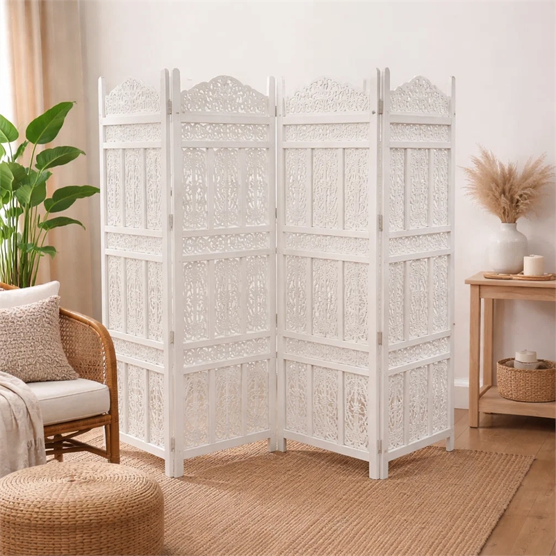 Aesthetically Carved 4 Panel Wooden Partition Screen/Room Divider- White