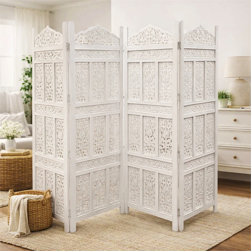 Aesthetically Carved 4 Panel Wooden Partition Screen/Room Divider- White