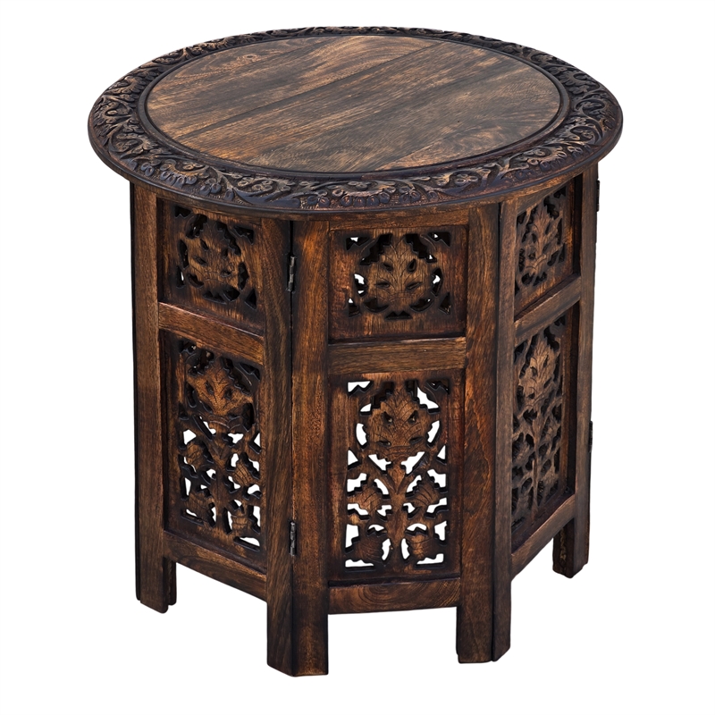18 Inch Mango Wood Folding Accent Table- Hand Carved- Walnut Brown