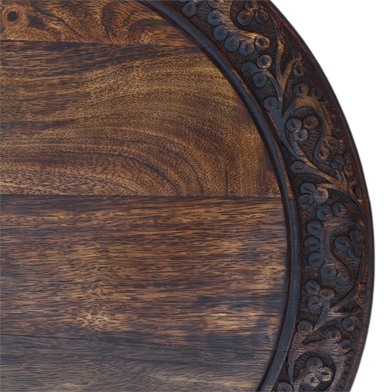 18 Inch Mango Wood Folding Accent Table- Hand Carved- Walnut Brown