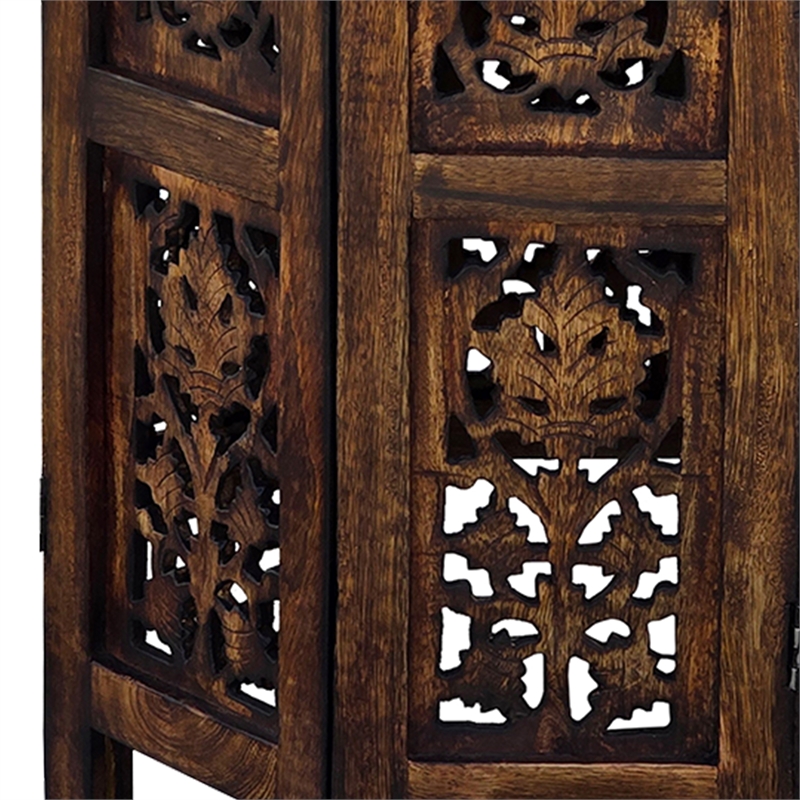 18 Inch Mango Wood Folding Accent Table- Hand Carved- Walnut Brown
