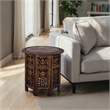 18 Inch Mango Wood Folding Accent Table- Hand Carved- Walnut Brown