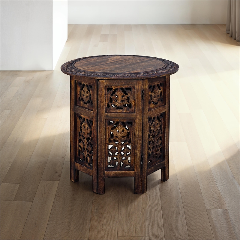18 Inch Mango Wood Folding Accent Table- Hand Carved- Walnut Brown