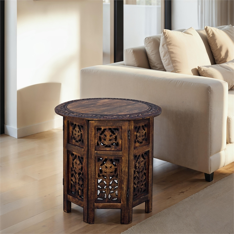18 Inch Mango Wood Folding Accent Table- Hand Carved- Walnut Brown