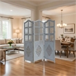 Three Panel Wooden Room Divider with Traditional Carvings and Cutouts- Blue