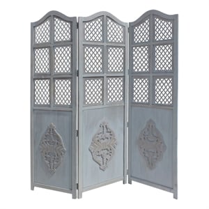 Three Panel Wooden Room Divider with Traditional Carvings and Cutouts- Blue
