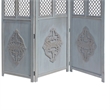 Three Panel Wooden Room Divider with Traditional Carvings and Cutouts- Blue