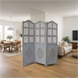 Three Panel Wooden Room Divider with Traditional Carvings and Cutouts- Blue