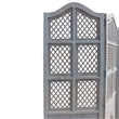 Three Panel Wooden Room Divider with Traditional Carvings and Cutouts- Blue