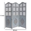 Three Panel Wooden Room Divider with Traditional Carvings and Cutouts- Blue