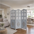 Three Panel Wooden Room Divider with Traditional Carvings and Cutouts- Blue