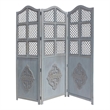 Three Panel Wooden Room Divider with Traditional Carvings and Cutouts- Blue