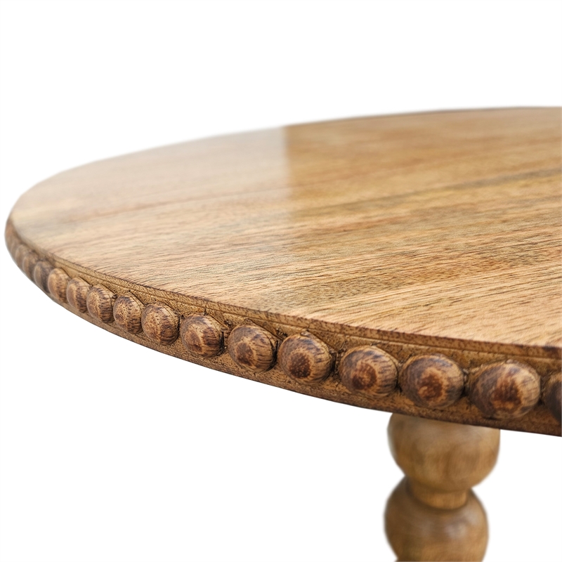 21 Inch Side End Table- Round Top- Stacked Ball Post- Natural Brown Mango Wood