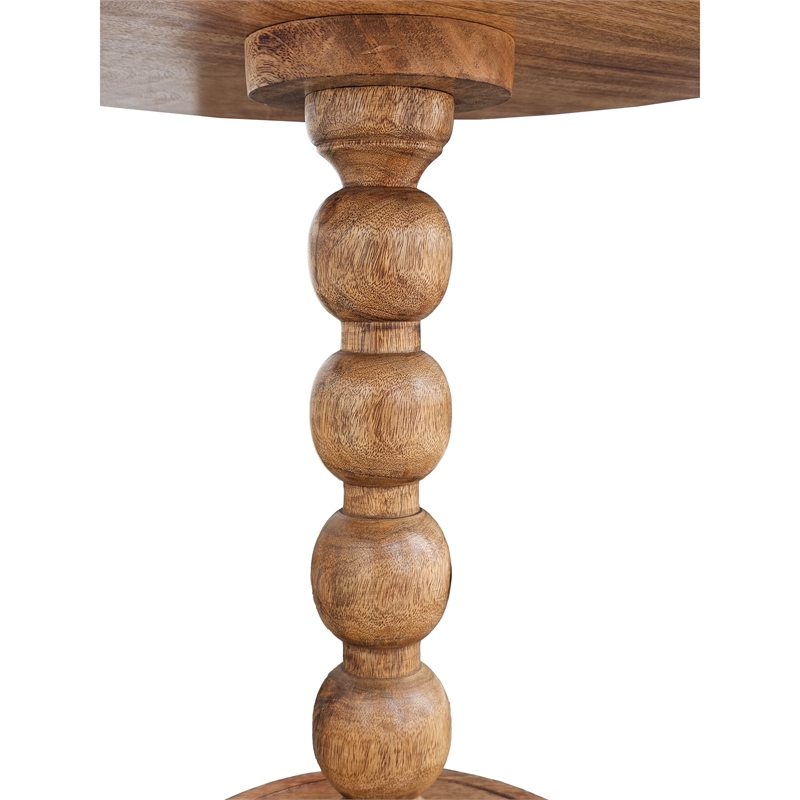 21 Inch Side End Table- Round Top- Stacked Ball Post- Natural Brown Mango Wood
