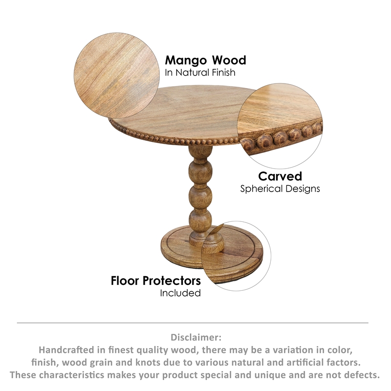 21 Inch Side End Table- Round Top- Stacked Ball Post- Natural Brown Mango Wood