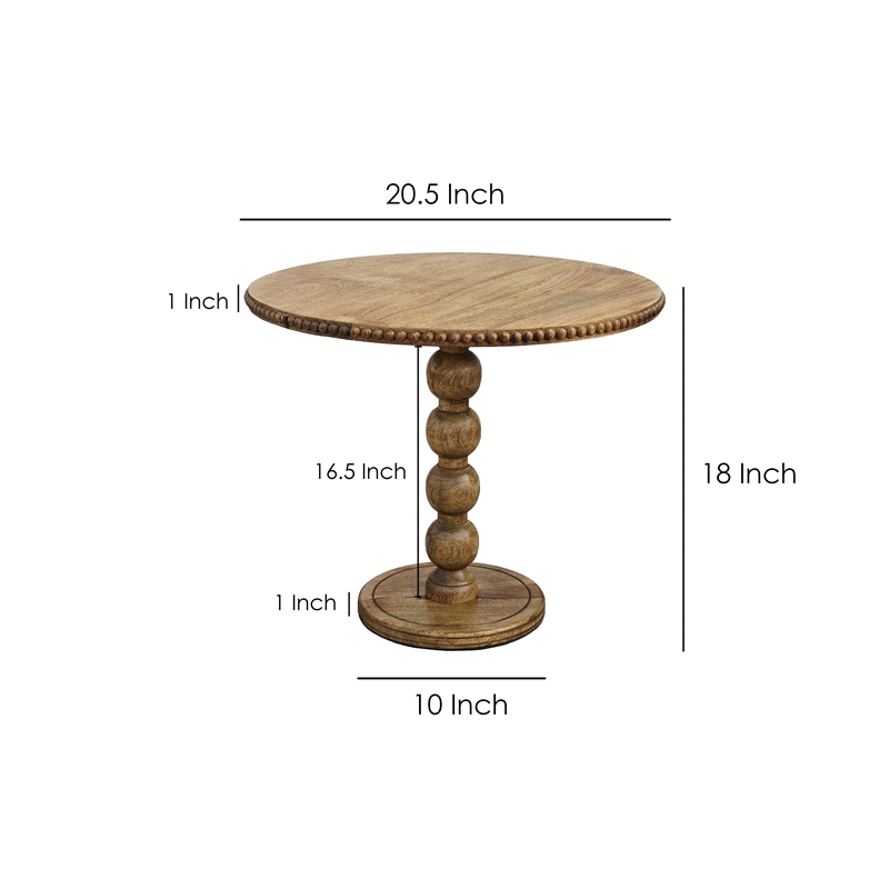 21 Inch Side End Table- Round Top- Stacked Ball Post- Natural Brown Mango Wood