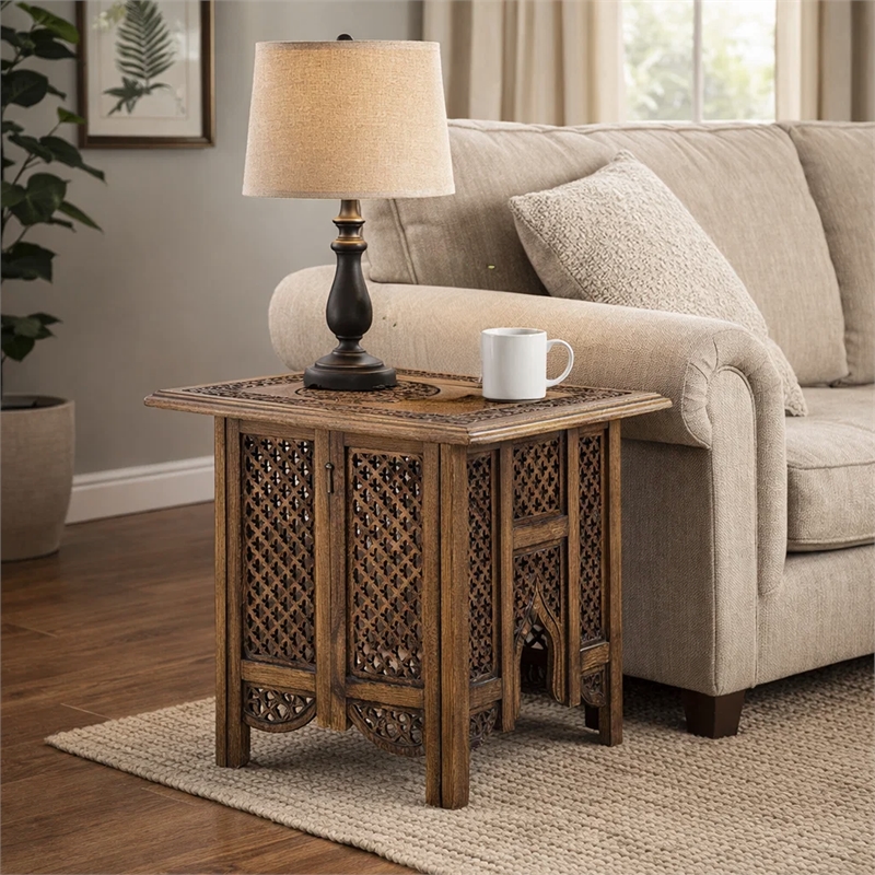 21 Inch Boho Side End Table- Floral Carved Details- Foldable Panel Legs