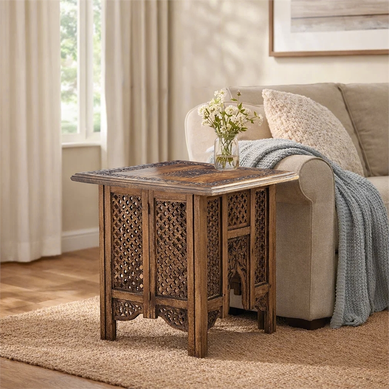 21 Inch Boho Side End Table- Floral Carved Details- Foldable Panel Legs