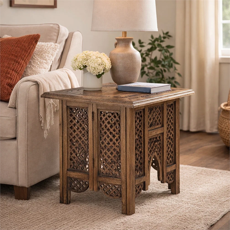 21 Inch Boho Side End Table- Floral Carved Details- Foldable Panel Legs