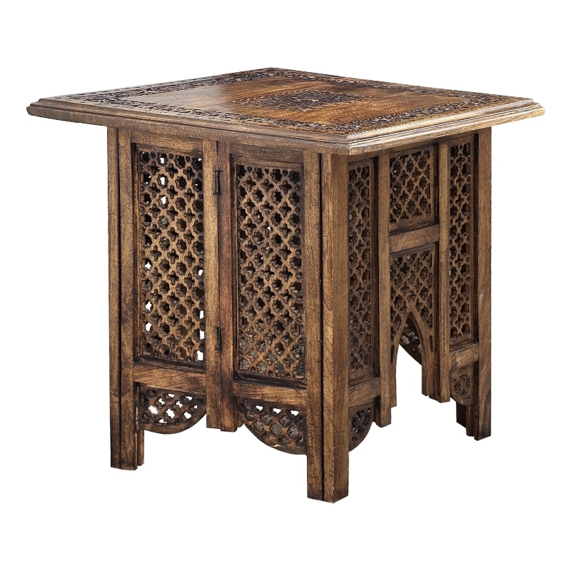 21 Inch Boho Side End Table- Floral Carved Details- Foldable Panel Legs
