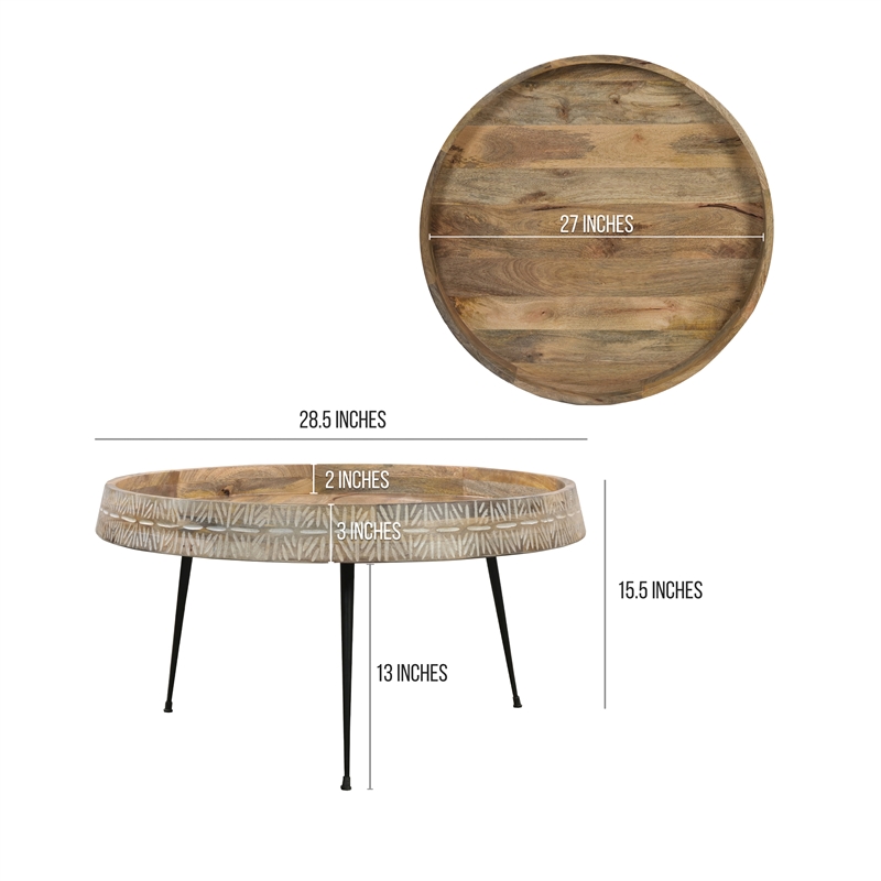 Gia 29 Inch Modern Handcrafted Round Coffee Table-Wood Top-Carved Edge-Iron Legs