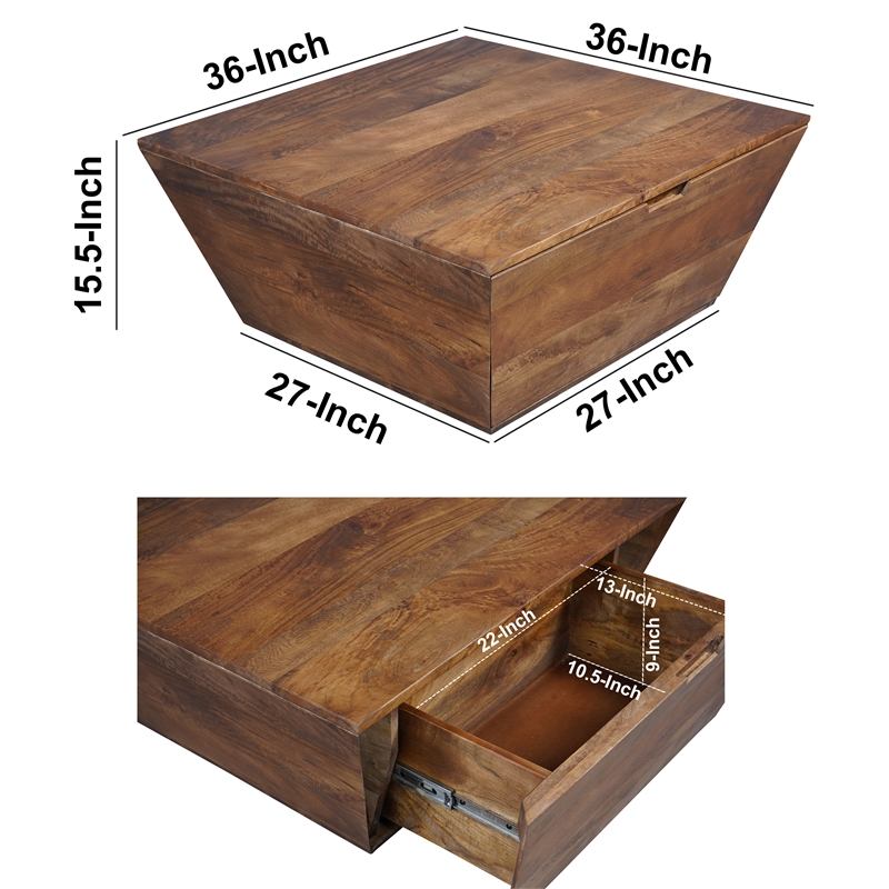36 Inch Handcrafted Modern Farmhouse Coffee Table- Geometric Square- 1 Drawer