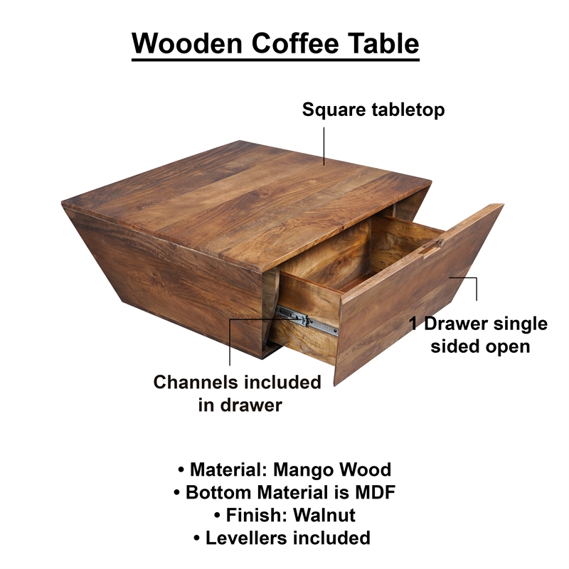 36 Inch Handcrafted Modern Farmhouse Coffee Table- Geometric Square- 1 Drawer