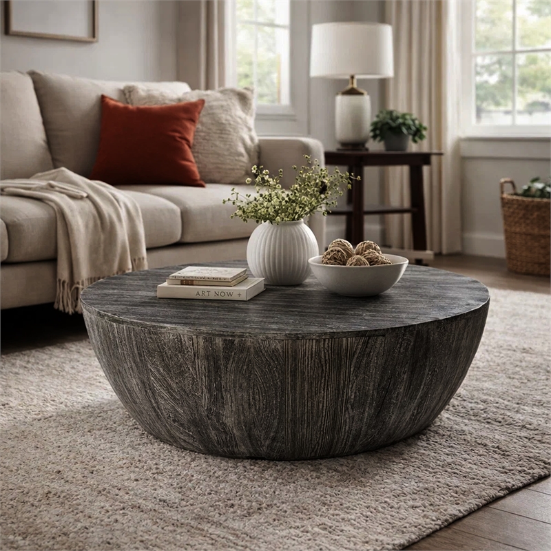 Arthur 36 Inch Farmhouse Style Handcrafted Mango Wood Coffee Table- Round Shape