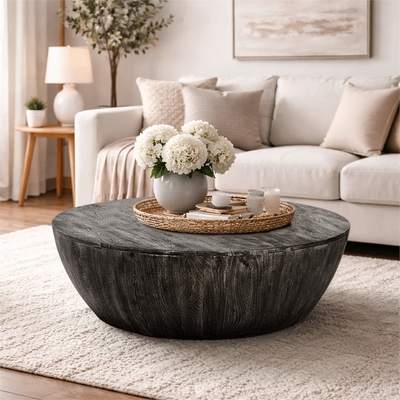 Arthur 36 Inch Farmhouse Style Handcrafted Mango Wood Coffee Table- Round Shape