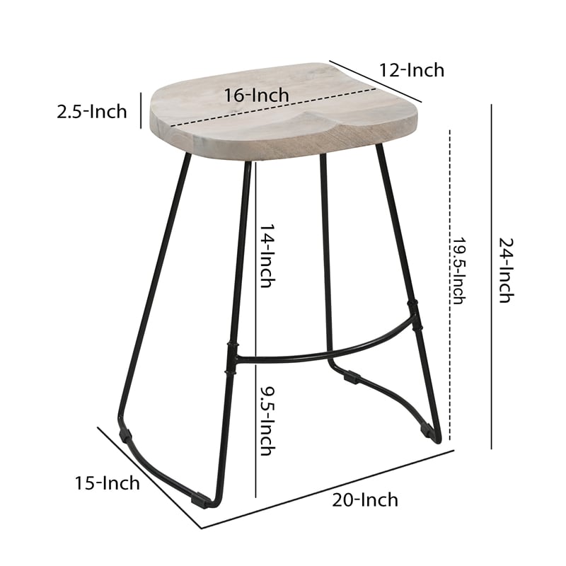 Tiva 24 Inch Handcrafted Backless Counter Height Stool- Mango Wood Saddle Seat
