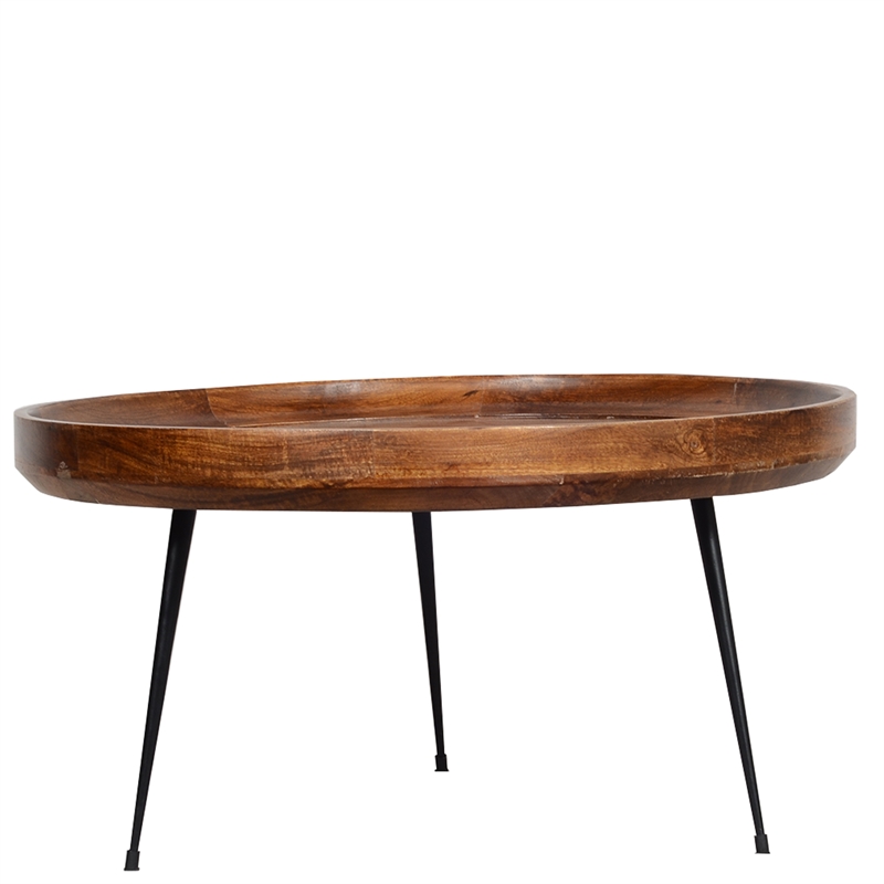 Gia Handcrafted Round Mango Wood  Coffee Table with Tray Top-  Dark Walnut Brown