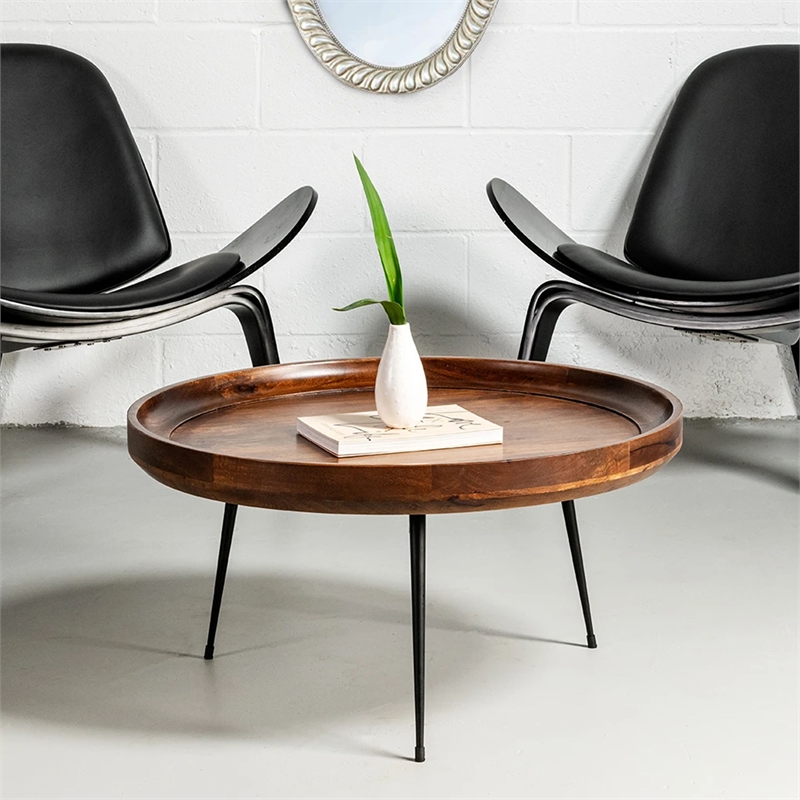 Gia Handcrafted Round Mango Wood  Coffee Table with Tray Top-  Dark Walnut Brown