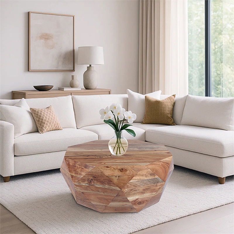 Bon 33 Inch Diamond Shape Acacia Wood Coffee Table With Smooth Top-Natural Brown