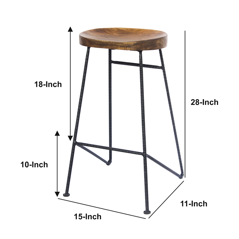 Jael 28 Inch Bar Stool with Mango Wood Saddle Seat- Iron Rod Legs- Brown