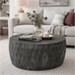 Val 34 Inch Handcrafted Mango Wood Coffee Table- Hammered Round Drum Shape