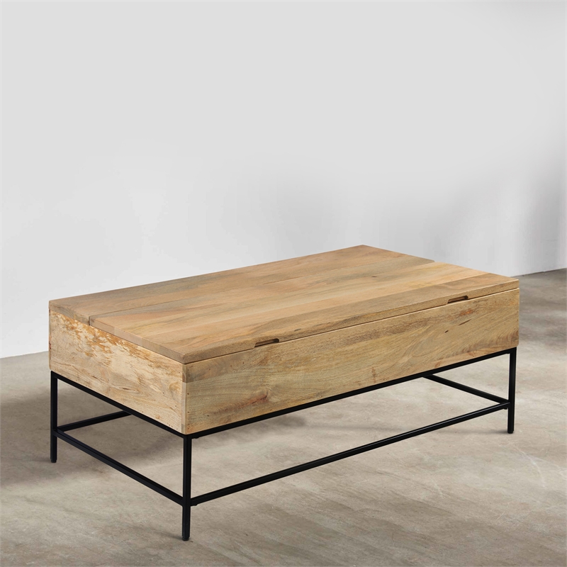 Audrey 45 Inch Handcrafted Mango Wood Coffee Table- Lift Top- Grain Details