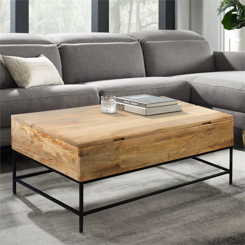 Audrey 45 Inch Handcrafted Mango Wood Coffee Table- Lift Top- Grain Details