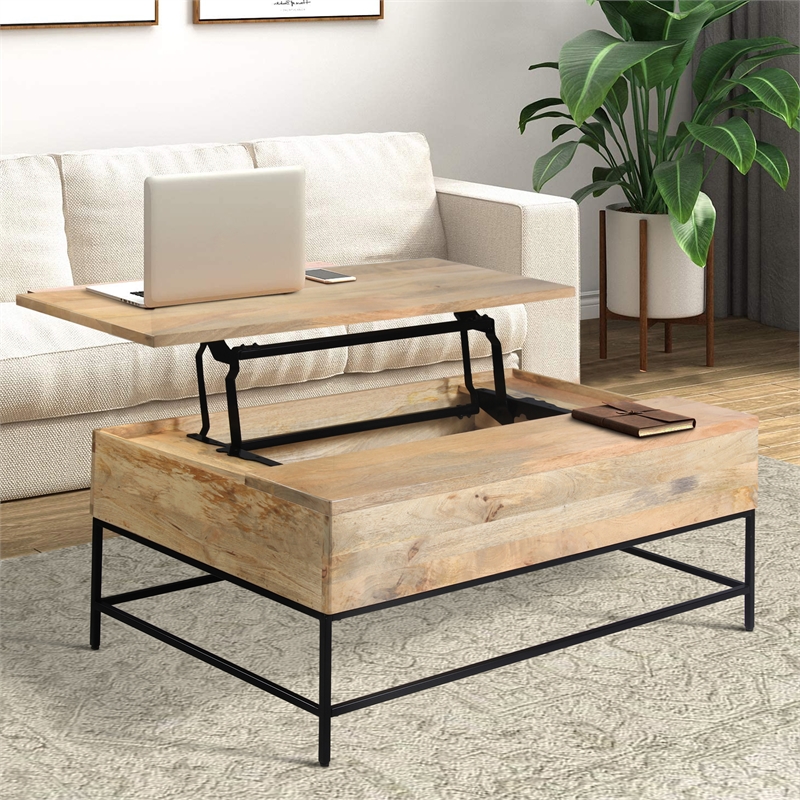 Audrey 45 Inch Handcrafted Mango Wood Coffee Table- Lift Top- Grain Details