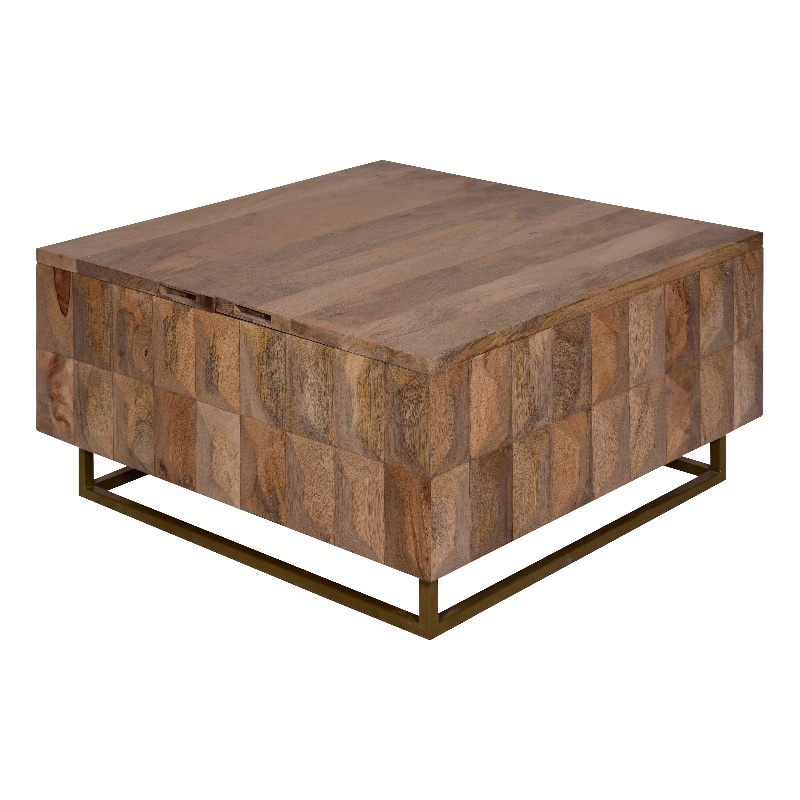 33 Inch Lift Top Storage Trunk Coffee Table- Square- Mango Wood- Natural Brown