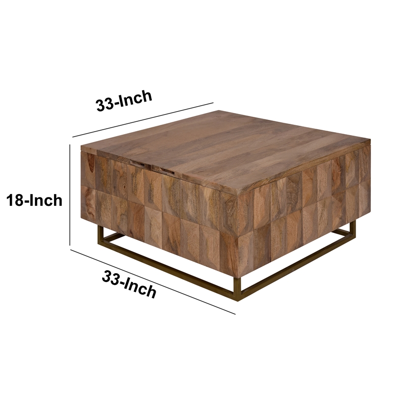33 Inch Lift Top Storage Trunk Coffee Table- Square- Mango Wood- Natural Brown